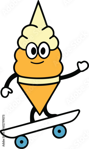 Whimsical ice cream cone character joyfully skateboarding with vibrant colors and bold typography