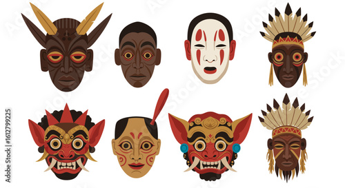 Vector illustration set of various cultural masks. Traditional tribal and ethnic ceremonial face coverings from global cultures.