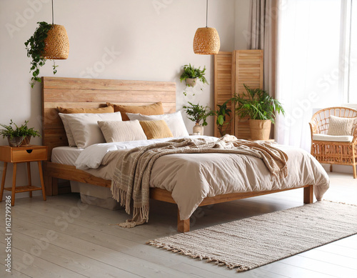 Scandinavian bedroom decoration cosy minimalist room in a comfortable home with plush pillows and natural elements