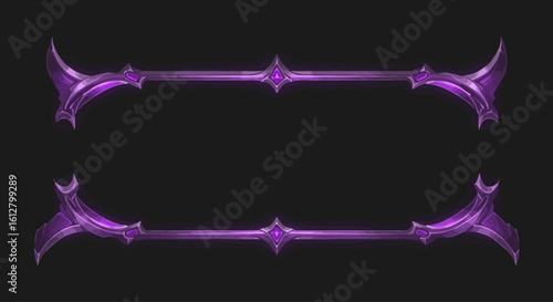 Elegant fantasy frame with a magical purple glow and sparkling particles. Ornate, symmetrical border design on a dark background for mystical or gothic themes.