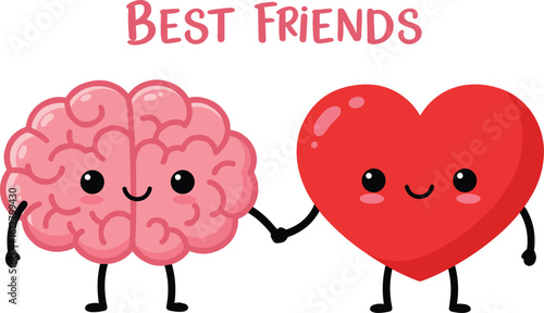 Heart and Brain Best Friends – Cute Cartoon Characters Symbolizing Emotion and Logic, Perfect for Lifestyle, Wellness, and Education Themes