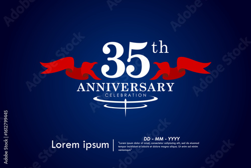 35th years anniversary celebration emblem. congratulations elegant anniversary logo isolated with red ribbon on dark blue background. vector illustration template design for web banner