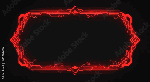 Futuristic red glowing digital frame with intricate cybernetic patterns. Abstract science fiction user interface element for technology concepts.