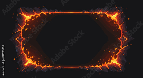 Inferno frame of burning lava. Volcanic magical border with sparks and molten rock on a black background.