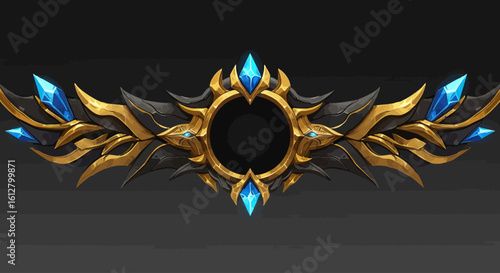 Ornate fantasy frame with golden wings and blue crystal gems. A magical heraldic border for a game interface or avatar.