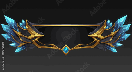 Ornate fantasy frame with golden trim and blue ice crystal wings, a magical border for game UI or banners.