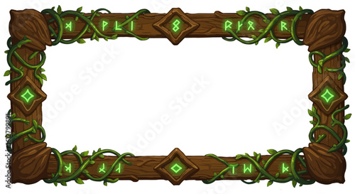 Ornate wooden fantasy frame with glowing magic runes and climbing ivy, perfect for a game user interface element