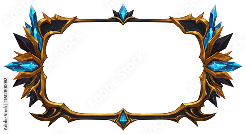 Elegant rectangular frame with a fantasy design, featuring gold and black details and glowing blue gemstones.