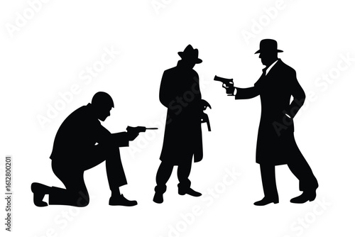 Noir Police & Gangster Vector Silhouette Set - Cinematic Crime Scene Characters