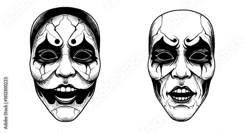 A pair of sinister evil clown masks in a black and white illustration. Creepy jester faces with macabre grins for a horror or gothic concept.