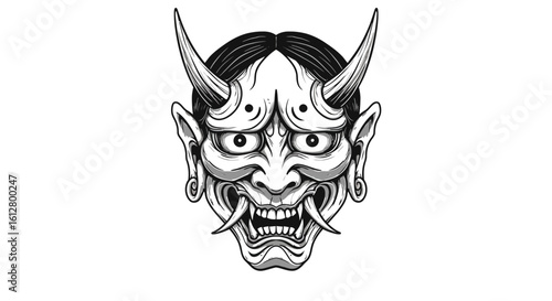 Monochrome illustration of a Japanese Oni demon mask with sharp fangs and horns, representing folklore and mythology