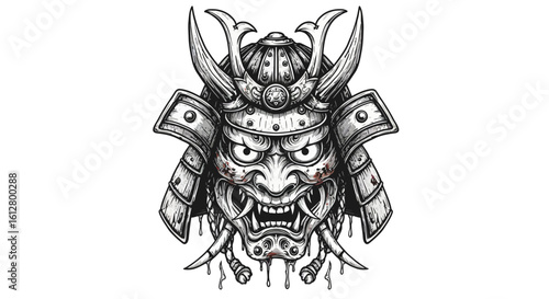 Intricate black and white illustration of two traditional Japanese Oni demon masks. Powerful symbols from folklore and mythology.