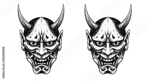 Monochrome illustration of a traditional Japanese Oni demon mask with fierce horns. Intricate line art design for tattoos or cultural representation.