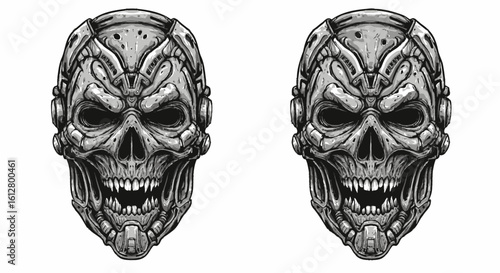 Menacing cybernetic skull illustration. Futuristic robotic demon head with biomechanical details for a dark sci-fi concept.