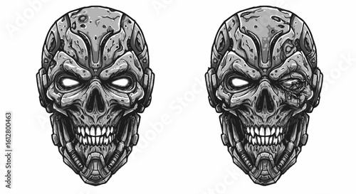 Set of two detailed biomechanical evil skulls with glowing eyes, one winking, isolated on a white background in a monochrome style.