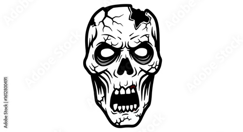 Monochrome vector illustration of a terrifying zombie skull. A menacing undead head with a cracked cranium and aggressive expression, isolated.