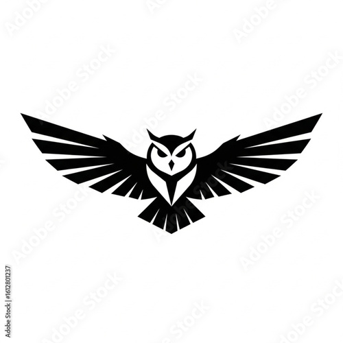 Stylized black silhouette of a soaring owl, wings outstretched.