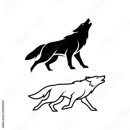Two wolf illustrations: one solid black howling, and one outlined wolf in motion, both facing right.