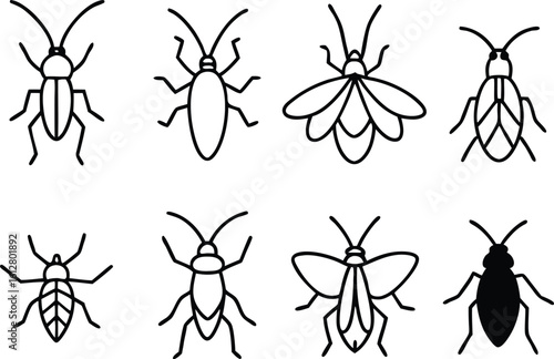 Set of Insect Icons in Line Art Style