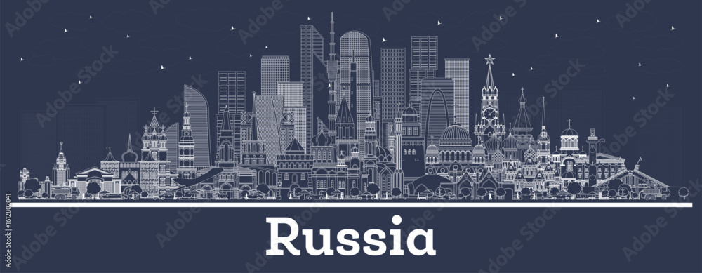 Naklejka premium Outline Russia City Skyline with white Buildings. Illustration. Tourism Concept with Historic Architecture. Russia Cityscape with Landmarks. Moscow. Saint Petersburg. Yekaterinburg.