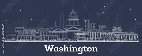 Outline Washington DC USA City Skyline with white Buildings. Business Travel and Tourism Concept with Historic Buildings. Washington DC Cityscape with Landmarks.