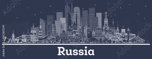 Outline Russia City Skyline with white Buildings. Illustration. Tourism Concept with Historic Architecture. Russia Cityscape with Landmarks. Moscow. Saint Petersburg. Yekaterinburg.
