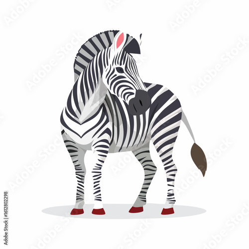 Cartoon zebra standing with black and white stripes set against a plain white background