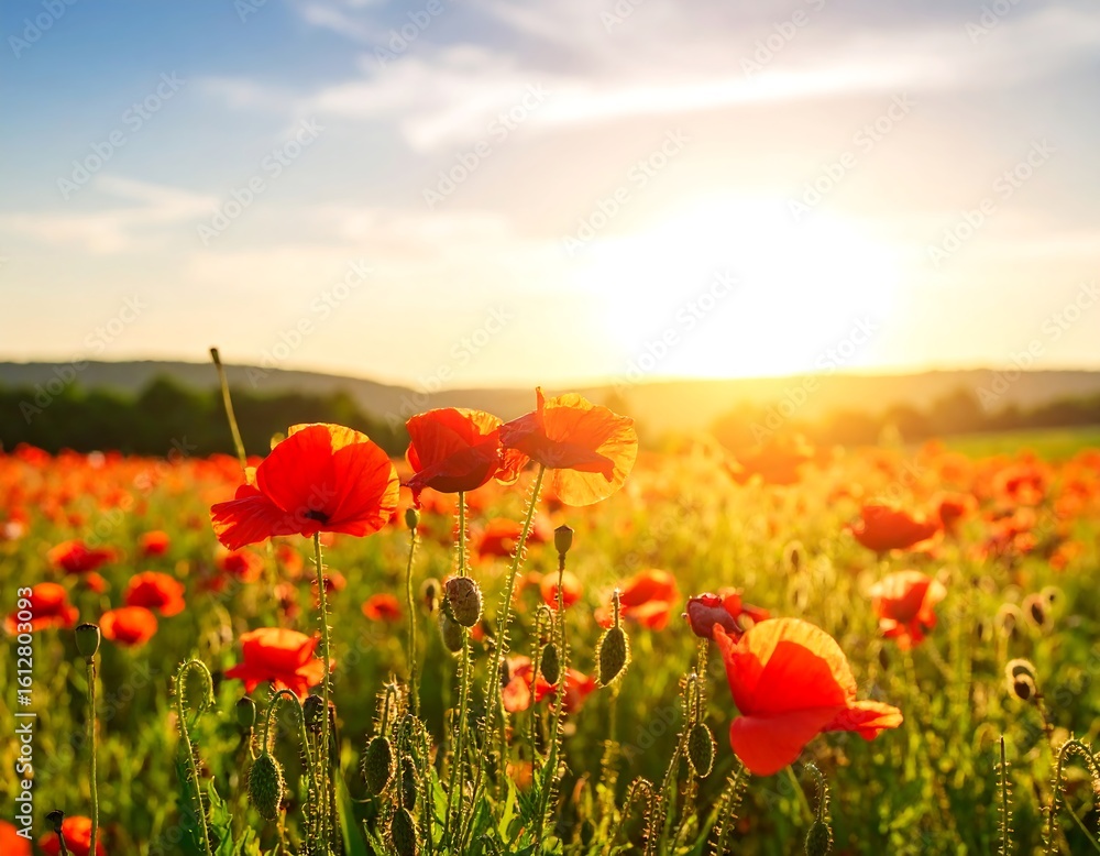 Fototapeta premium Poppy field at sunset