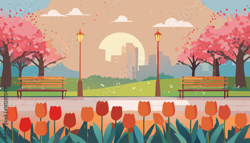 チューリップと桜の風景