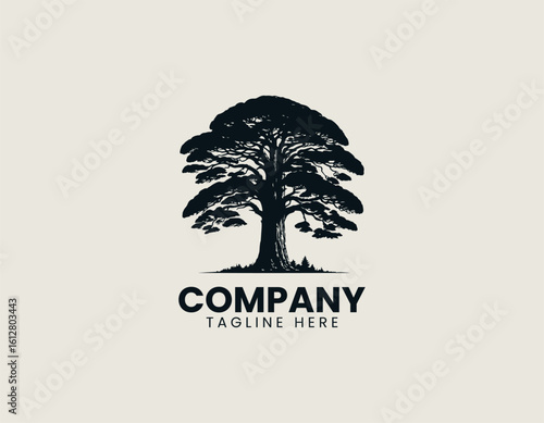 Distinctive black silhouette of a gracefully curved pine tree with stylized foliage. Nature illustration concept