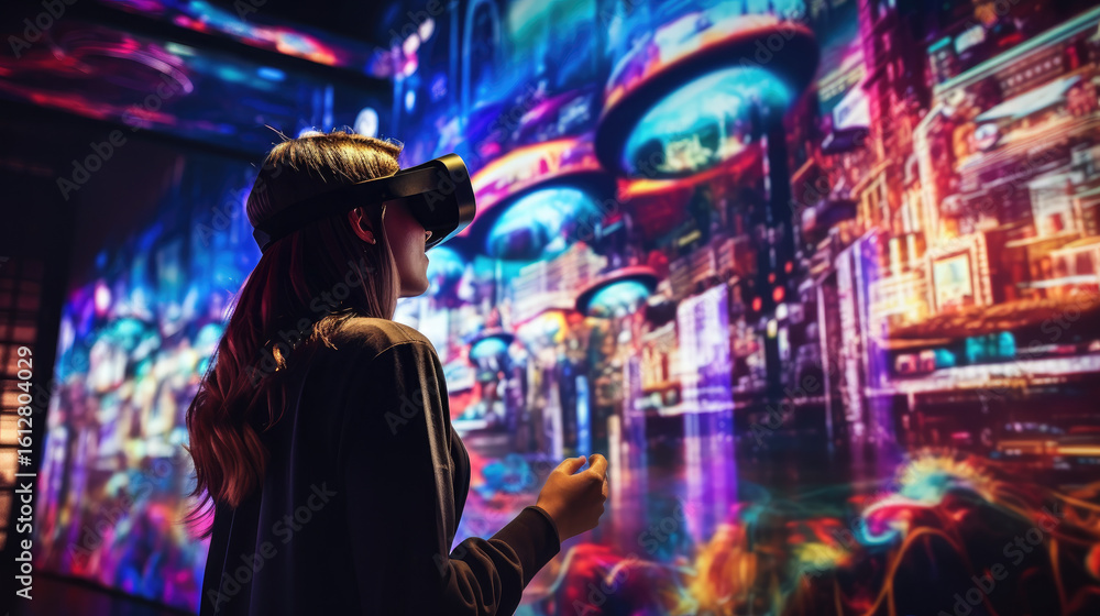 Obraz premium Young Woman in Headset Engaged in Immersive Light Technology