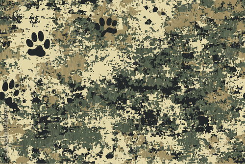Camouflage pattern with paw prints, designed for military or tactical applications.Military camuflage background pattern. Military fabric.
