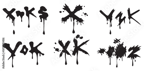 Graffiti print hand-drawn set, urban vector street art, black dripped spray effect texture design. Modern sign with a dirty droplet liquid blot texture and ink splatter. Graffiti print. Vector.