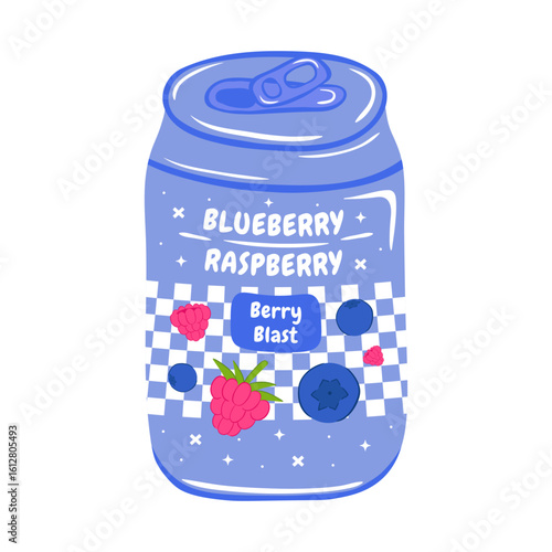 Soda in aluminum can with blueberry and raspberry flavor. Vector illustration in hand drawn style. Soft drink for advertising, posters, packaging and merch