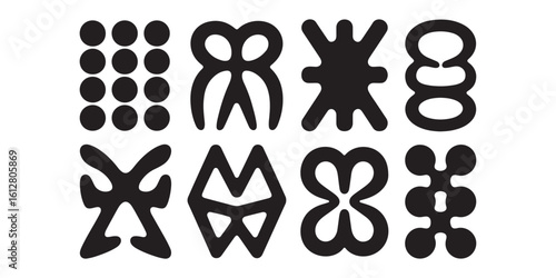 Eight adinkra symbols arranged in two rows on a white background in a graphic design style