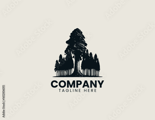 Distinctive black silhouette of a gracefully curved pine tree with stylized foliage. Nature illustration concept