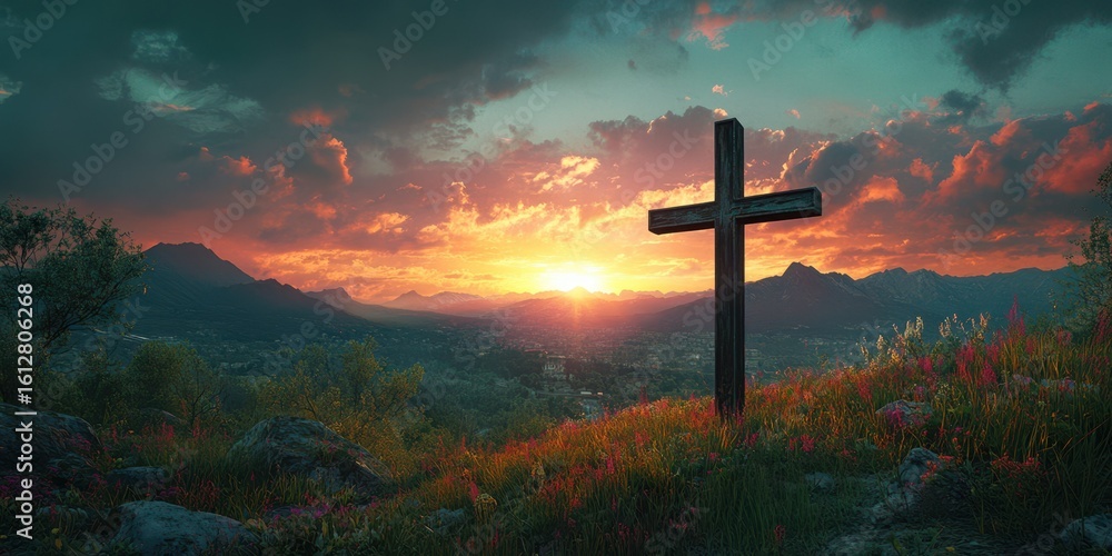Sunset landscape with a wooden cross in the foreground and mountains in the background Sunset landscape with a wooden cross in the foreground and mountains in the background