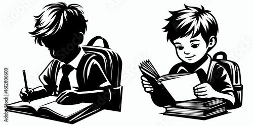 Little Boy reading school notes Back to School. Cartoon Minimal Clipart Silhouette Vector Illustration Line Art Illustration. Young child checking education paperwork academy kickoff lessons.
