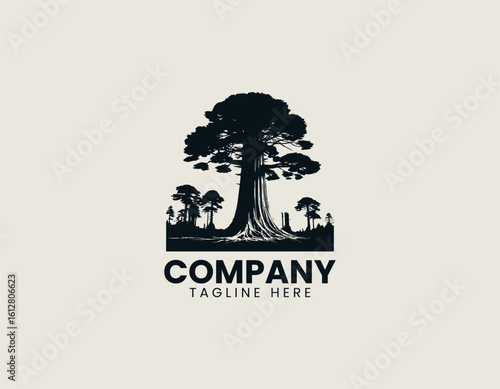 Distinctive black silhouette of a gracefully curved pine tree with stylized foliage. Nature illustration concept