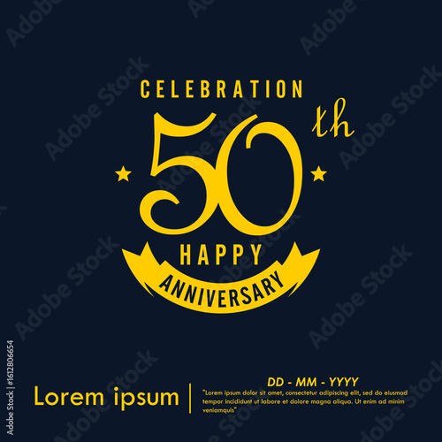 50th years anniversary celebration emblem. happy anniversary yellow logo isolated with ribbon on dark background. vector illustration template design for web banner	