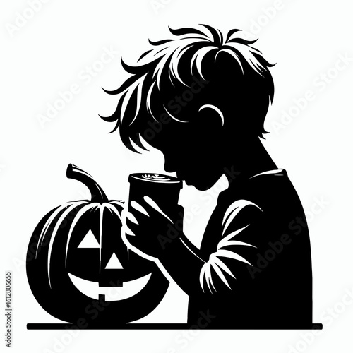 Little Boy sniffing pumpkin spice coffee National Day. Cartoon Minimal Clipart Silhouette Vector Illustration Line Art Illustration. Tiny kid enjoying warm autumn drink aroma java.