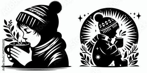 Little Boy sipping herbal tea Winter Solstice. Cartoon Minimal Clipart Silhouette Vector Illustration Line Art Illustration. Young child enjoys warm beverage cold season longest night.