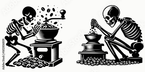 Skeleton grinding coffee beans National Day. Cartoon Minimal Clipart Silhouette Vector Illustration Line Art Illustration. Bony figure milling aroma source java holiday a caffeine beverage.