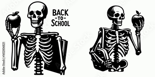 Skeleton holding an Back to School. Cartoon Minimal Clipart Silhouette Vector Illustration Line Art Illustration. Bony figure with fruit return education learning theme begin session.