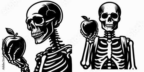 Skeleton holding an Back to School. Cartoon Minimal Clipart Silhouette Vector Illustration Line Art Illustration. Bony figure with fruit at academy kickoff autumn education concept.