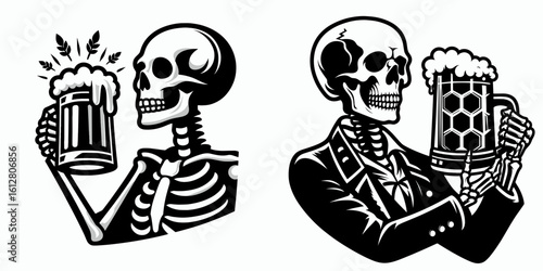 Skeleton holding beer stein Oktoberfest. Cartoon Minimal Clipart Silhouette Vector Illustration Line Art Illustration. Undead figure grips ale mug fall celebration beverage artwork.
