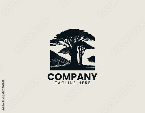 Distinctive black silhouette of a gracefully curved pine tree with stylized foliage. Nature illustration concept