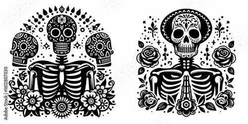 Skeleton honoring loved ones Day of the Dead. Cartoon Minimal Clipart Silhouette Vector Illustration Line Art Illustration. Skull tribute late family remembrance festivity.