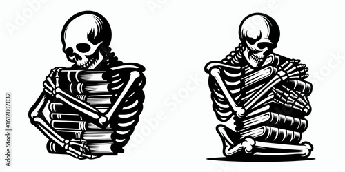 Skeleton hugging books stack Back to School. Cartoon Minimal Clipart Silhouette Vector Illustration Line Art Illustration. Bony figure embracing tome pile school kickoff new academic year.