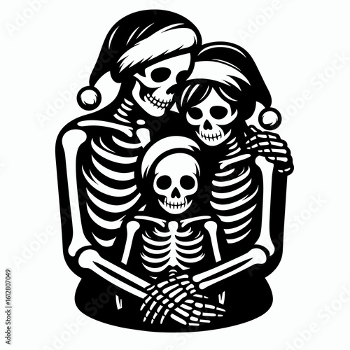 Skeleton hugging family Christmas Eve. Cartoon Minimal Clipart Silhouette Vector Illustration Line Art Illustration. Bone embracing kin xmas night gathering celebration eve.